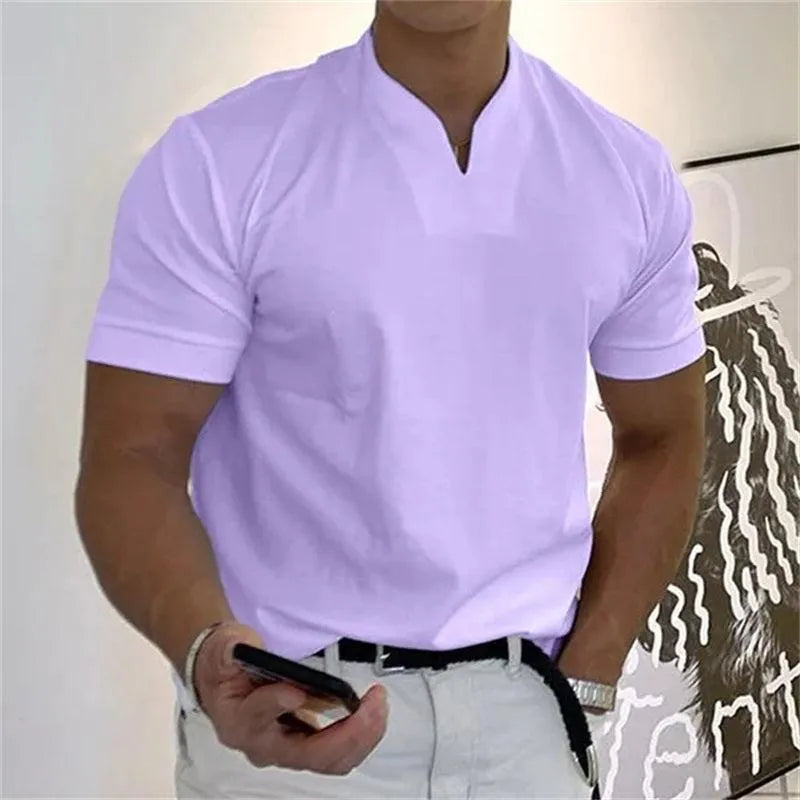 Men's Sporty Notched V-Neck T-Shirt - Short Sleeve Slim Fit Casual Top