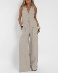 Tenue d'été élégante pour femme : pantalon large en lin 2 pièces et cardigan pour un look élégant et confortable