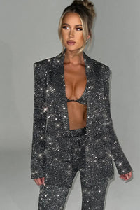 Élégant ensemble 3 pièces à paillettes comprenant un blazer, un haut et un pantalon pour femmes, pour un look festif