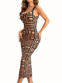 Élégante robe midi bodycon pour femmes, avec encolure carrée, sans manches et motif géométrique stylisé