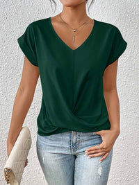 T-shirt élégant à col en V avec détails torsadés pour femmes - chemisier court idéal pour un look chic et décontracté