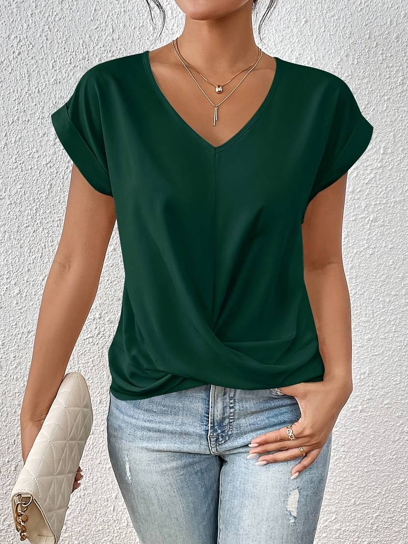 T-shirt élégant à col en V avec détails torsadés pour femmes - chemisier court idéal pour un look chic et décontracté