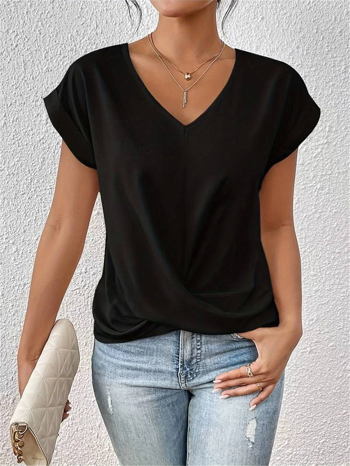 T-shirt élégant à col en V avec détails torsadés pour femmes - chemisier court idéal pour un look chic et décontracté