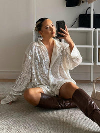 Blouse à paillettes oversize pour femmes - Chemise glamour scintillante