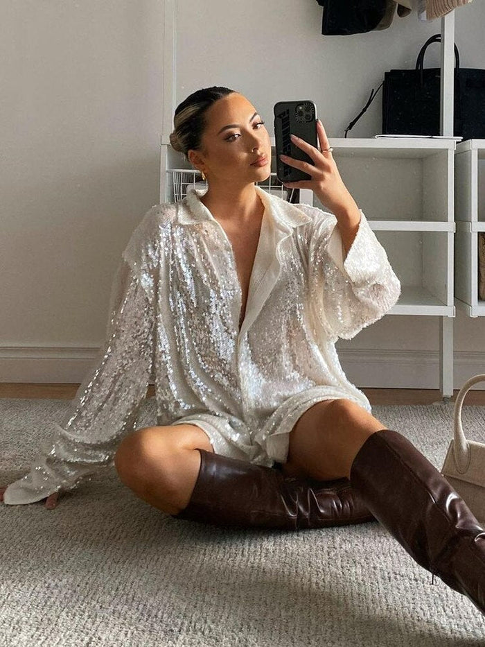 Blouse à paillettes oversize pour femmes - Chemise glamour scintillante