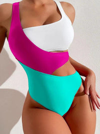 Maillot de bain une-pièce à taille haute avec bloc de couleurs pour femmes