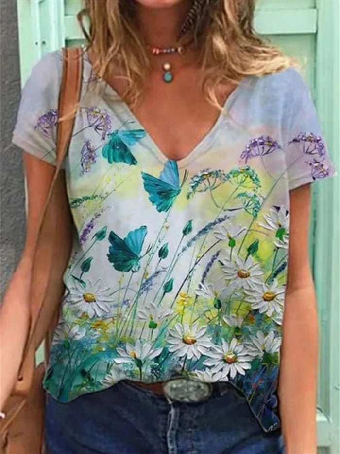 T-Shirt Femme Art Floral - Top d'été décontracté avec col en V et tissu respirant pour un look élégant et confortable
