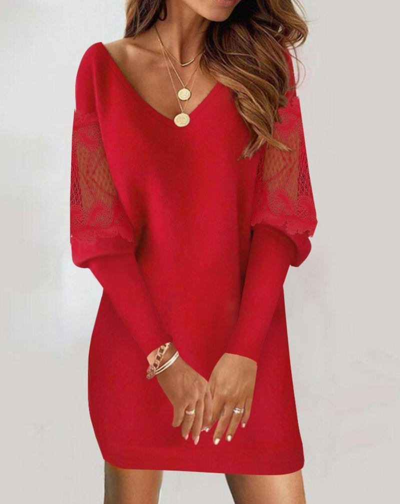 Robe pour femmes - Col en V - Manches longues transparentes avec broderie florale - Ajustement élégant