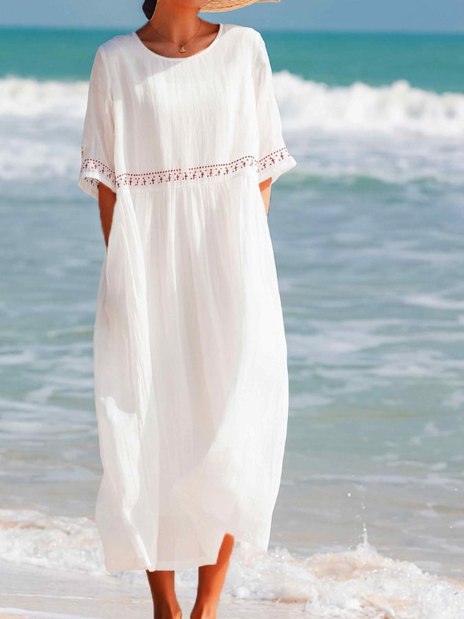 Robe décontractée en coton et lin brodée pour femmes