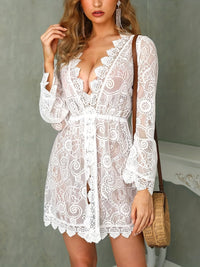 Elegant Women's Lace V-Neck Midi Dress - Perfect Summer Knit Beachwear with Flattering Slit Hem & Stylish Long Sleeves (Robe midi en dentelle à col en V pour femmes)