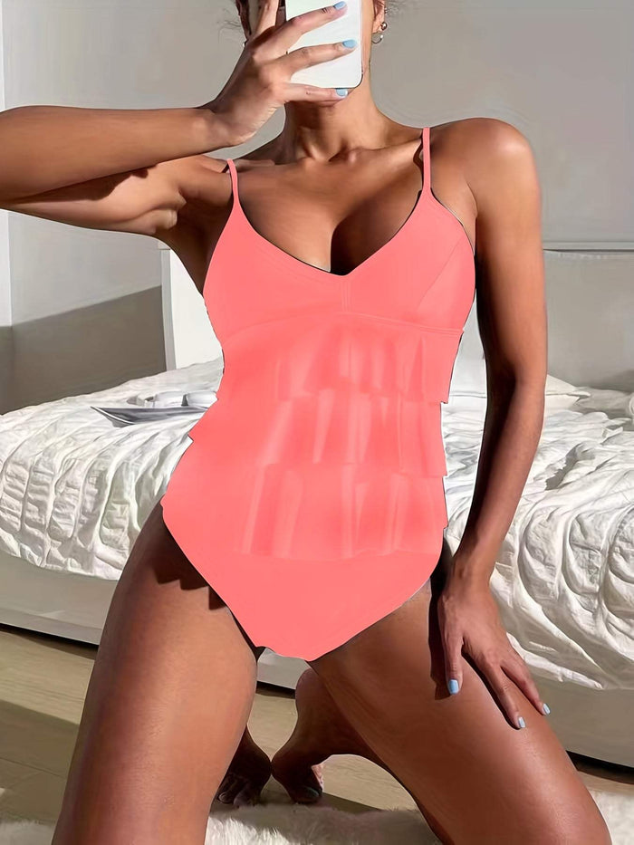 Maillot de bain tankini pour femmes - Virtuel en V - Bretelles ajustables - Haut à couches à volants