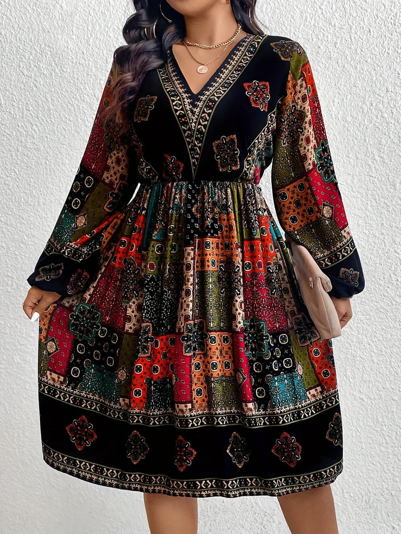 Robe longue bohémienne femme - décolleté en V avec patchwork paisley - manches longues fluide et élégante