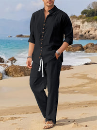 Ensemble de Plage pour Hommes - Chemise à Manches Longues à Boutons & Pantalons à Cordons - Coupe Décontractée