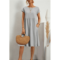 Élégante robe midi en coton et lin à manches courtes pour femmes pour un look chic et confortable