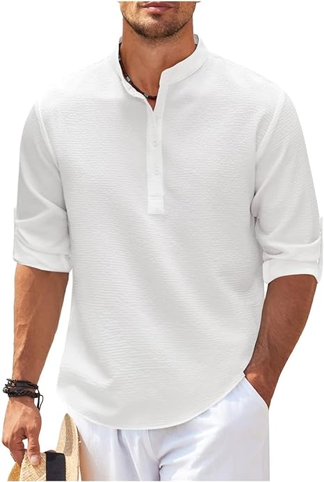 Camicia Casual da Uomo - Vestibilità Relaxed - Colletto a Banda - Mezza Cervietta - Cotone Leggero