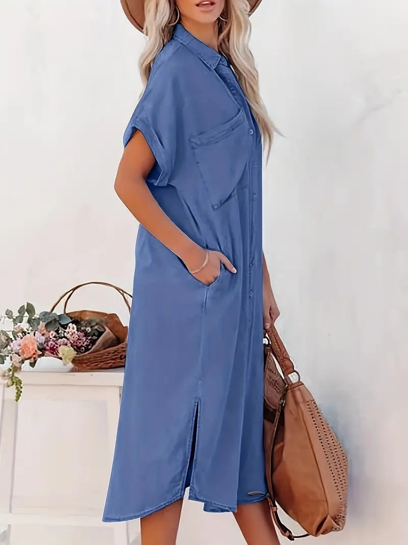 Robe midi à boutons pour femmes - Coupe décontractée - Manches courtes - Col classique - Poches latérales élégantes