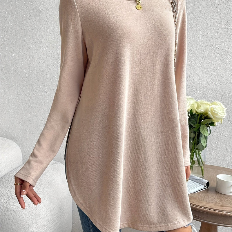 Light Beige Long Sleeve Top for Women - Stylish Casual T-Shirt with Curved Zoom