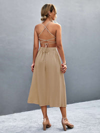 Robe midi sans manches à col halter pour femmes - Devant boutonné fluide à coupe A-line élégante