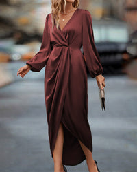 Robe élégante à col en V et manches lanternes pour femmes