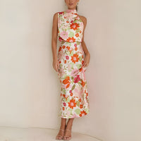 Robe Longue Femme à Halter et Mixte Asymétrique - Élégant Imprimé Fleuri