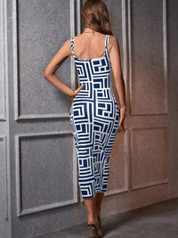 Élégante robe midi bodycon pour femmes, avec encolure carrée, sans manches et motif géométrique stylisé