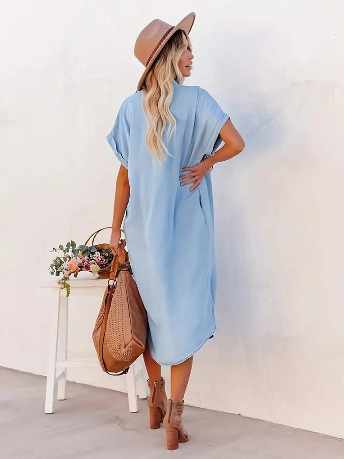 Robe midi à boutons pour femmes - Coupe décontractée - Manches courtes - Col classique - Poches latérales élégantes