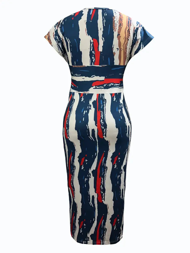 Robe moulante pour femmes en denim patchwork, longueur mi-cul, col en V à manches courtes