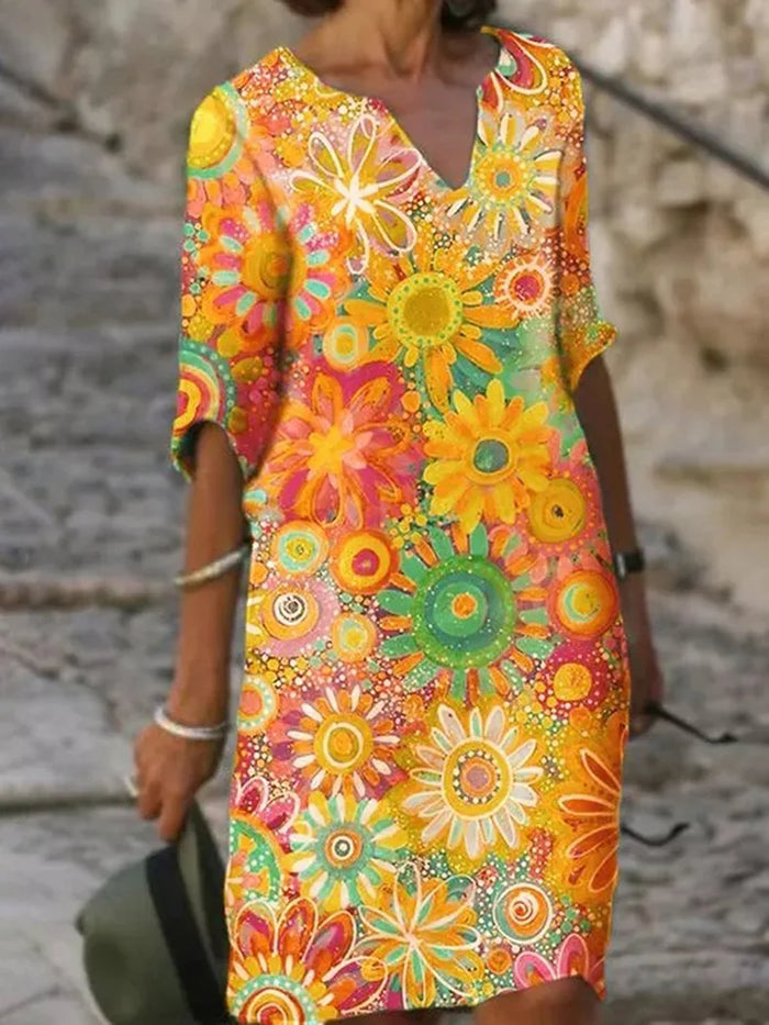Robe élégante à col en V et imprimé floral stylisé