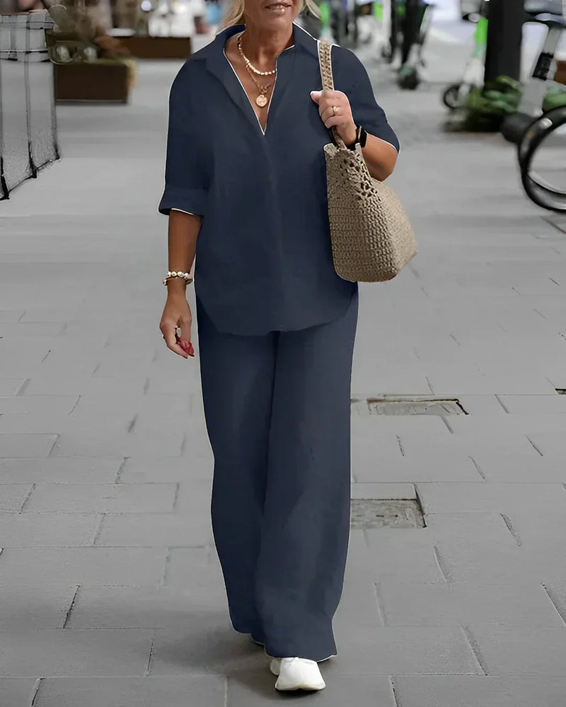 Vêtements féminins décontractés et élégants : ensemble chemise et pantalon en lin de luxe pour un look élégant et confortable