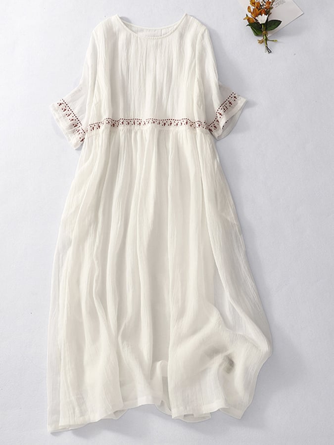 Robe décontractée en coton et lin brodée pour femmes