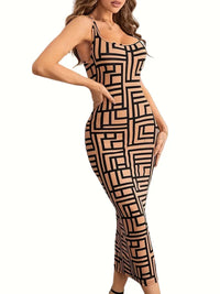 Élégante robe midi bodycon pour femmes, avec encolure carrée, sans manches et motif géométrique stylisé