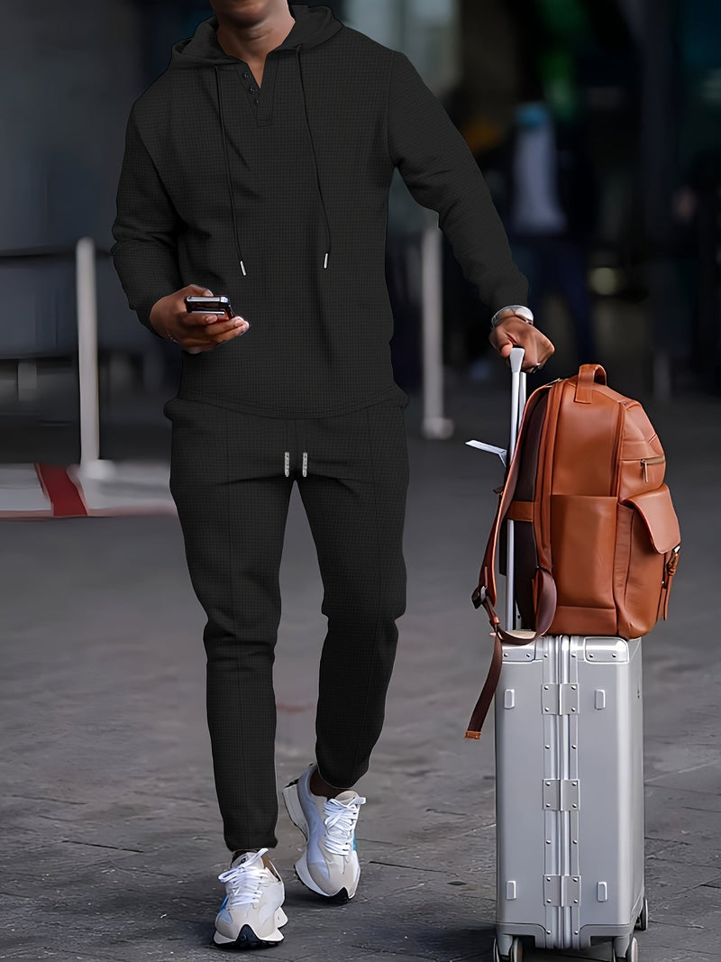 Ensemble de survêtement pour hommes - Hoodie à col boutonné - Mancherons côtelés - Pantalons de jogging avec cordon de serrage