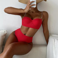 Ensemble de Bikini à Taille Haute avec Coussinets et Lanières en Chaîne pour Femmes