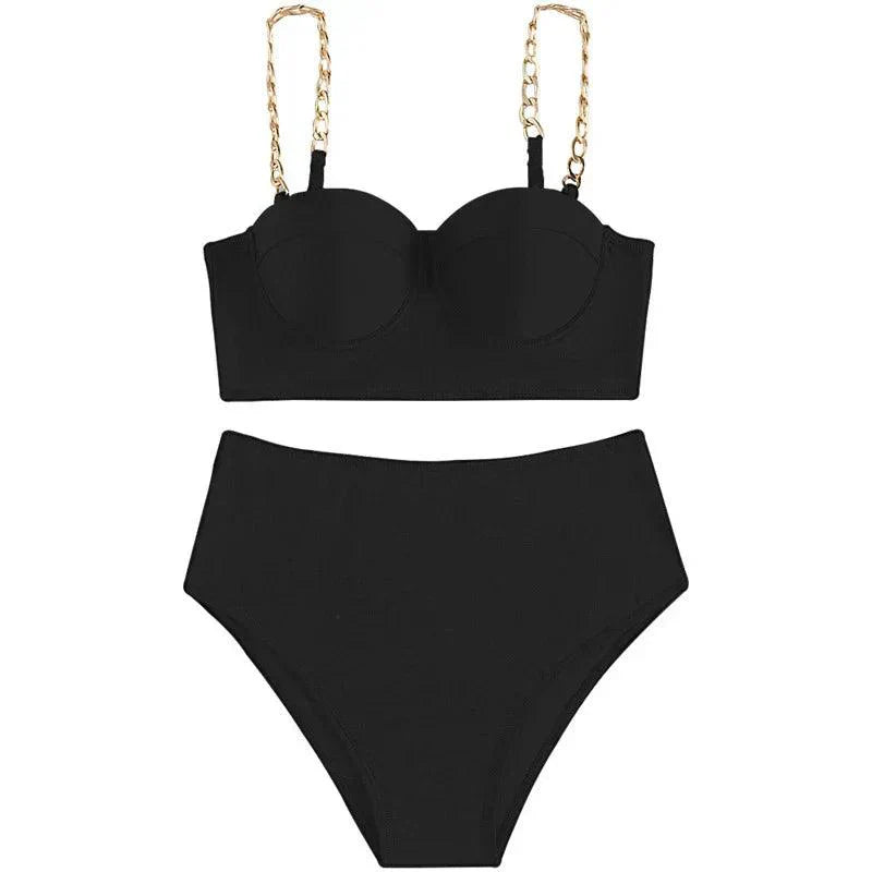 Ensemble de Bikini à Taille Haute avec Coussinets et Lanières en Chaîne pour Femmes
