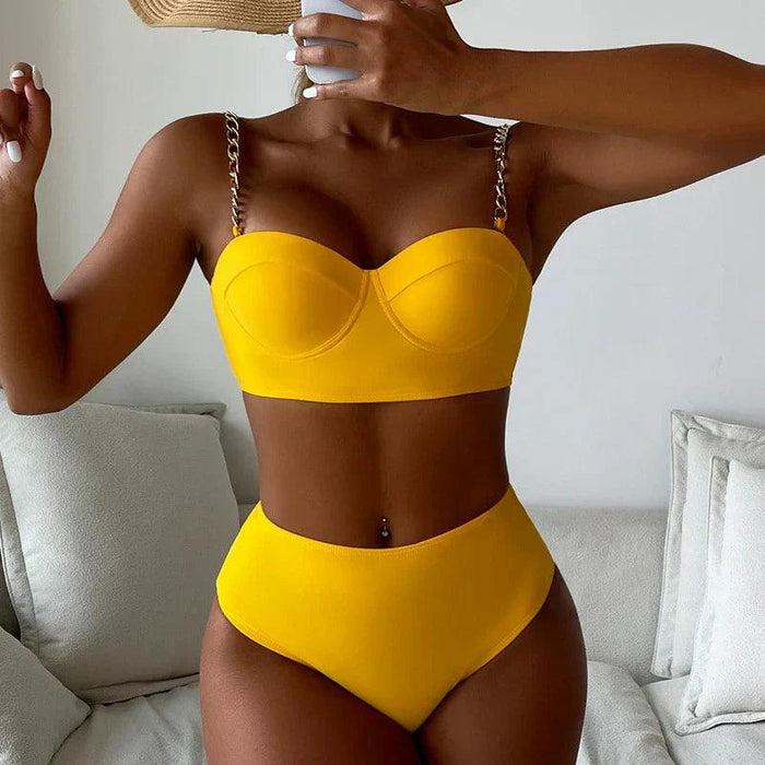 Ensemble de Bikini à Taille Haute avec Coussinets et Lanières en Chaîne pour Femmes