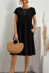 Élégante robe midi en coton et lin à manches courtes pour femmes pour un look chic et confortable
