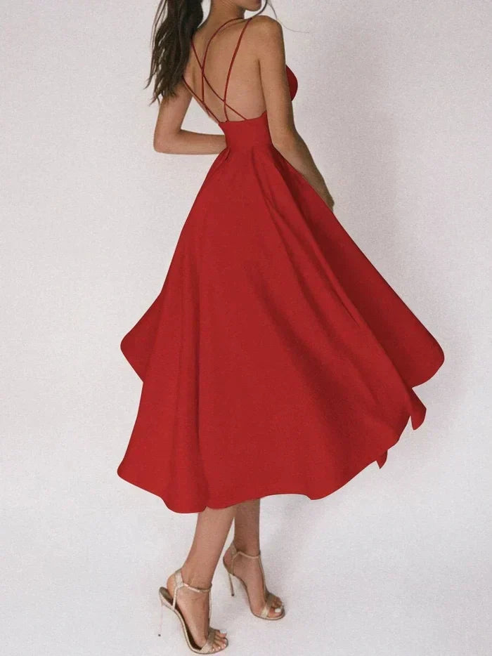 Robe Fendue pour Femmes - Dos Croisé Élégant - Bustier Sans Manches - Jupe Mi-Longue Fluide