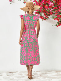 Robe féminine chic à imprimé floral avec col en V, manches capuchon volantes et ourlet asymétrique élégant en ligne A
