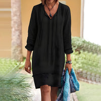 Robe décontractée longue pour femmes avec col en V et détails noués - Manche longue et texture tendance