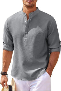 Chemise Henley à manches longues retroussées pour hommes - Coupe confortable et tissu léger et respirant