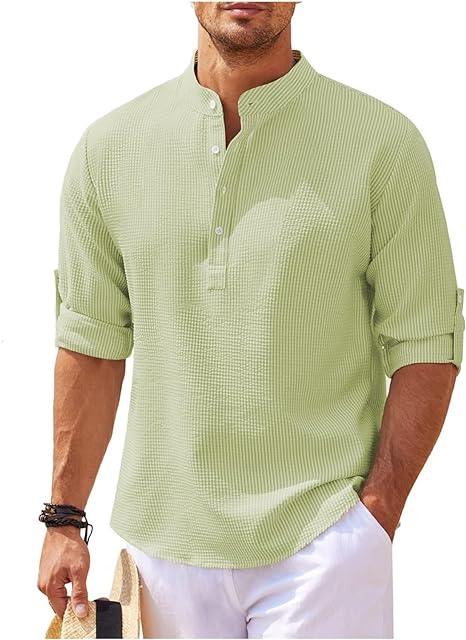 Chemise Henley à manches longues retroussées pour hommes - Coupe confortable et tissu léger et respirant