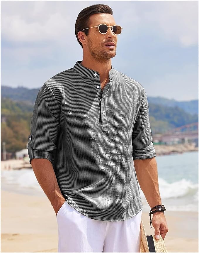 Camicia Casual da Uomo - Vestibilità Relaxed - Colletto a Banda - Mezza Cervietta - Cotone Leggero