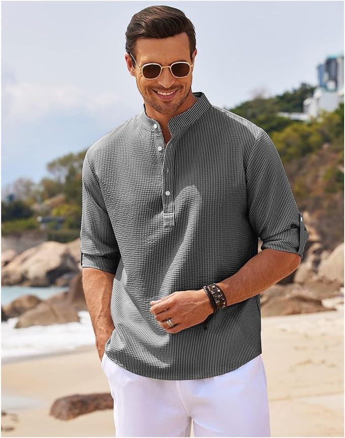 Chemise Henley à manches longues retroussées pour hommes - Coupe confortable et tissu léger et respirant