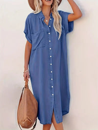 Robe midi à boutons pour femmes - Coupe décontractée - Manches courtes - Col classique - Poches latérales élégantes