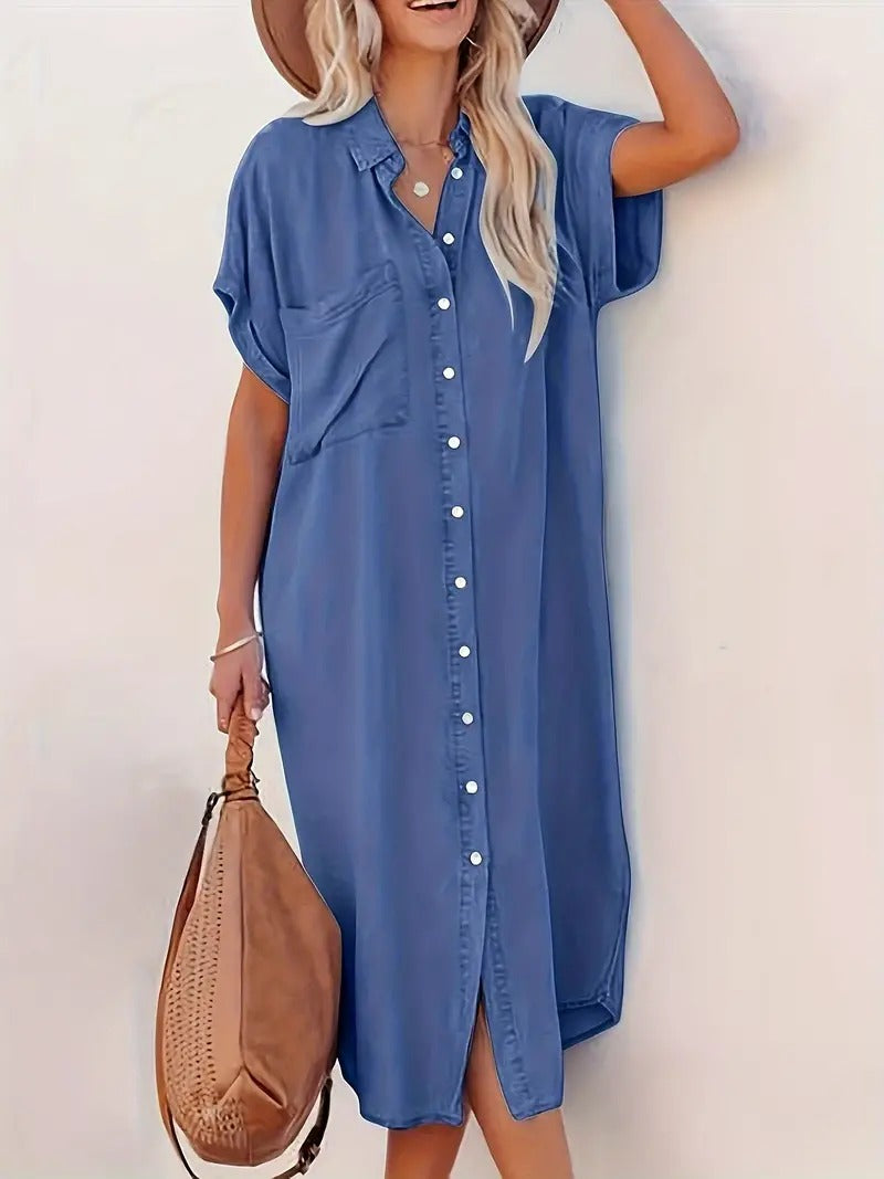 Robe midi à boutons pour femmes - Coupe décontractée - Manches courtes - Col classique - Poches latérales élégantes