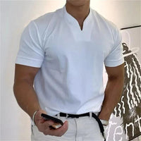 Men's Sporty Notched V-Neck T-Shirt - Short Sleeve Slim Fit Casual Top