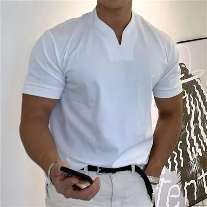 Men's Sporty Notched V-Neck T-Shirt - Short Sleeve Slim Fit Casual Top