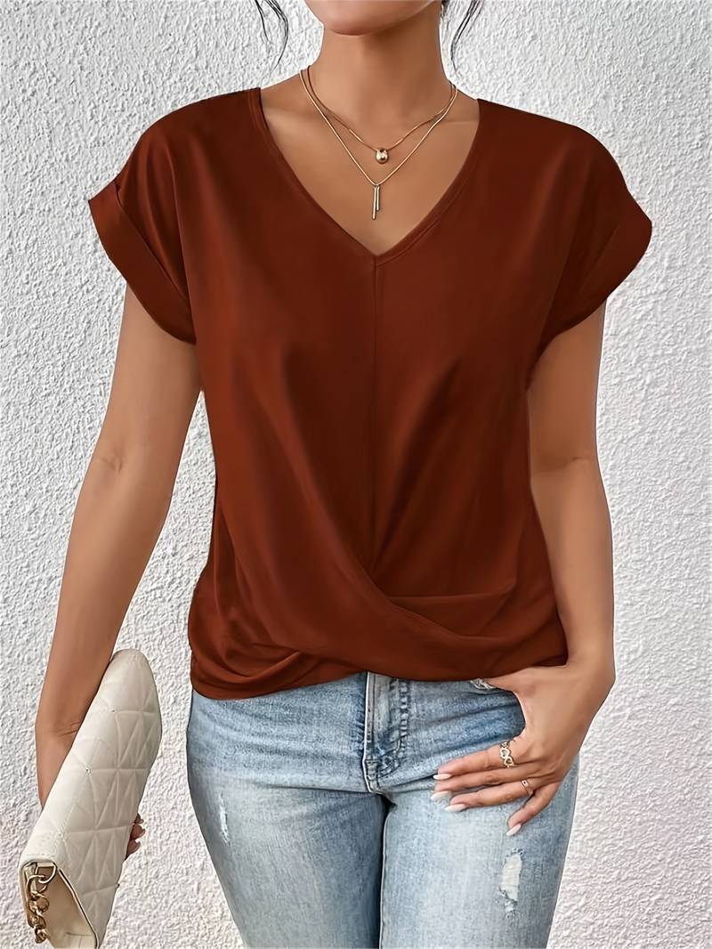 T-shirt élégant à col en V avec détails torsadés pour femmes - chemisier court idéal pour un look chic et décontracté
