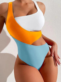 Maillot de bain une-pièce à taille haute avec bloc de couleurs pour femmes