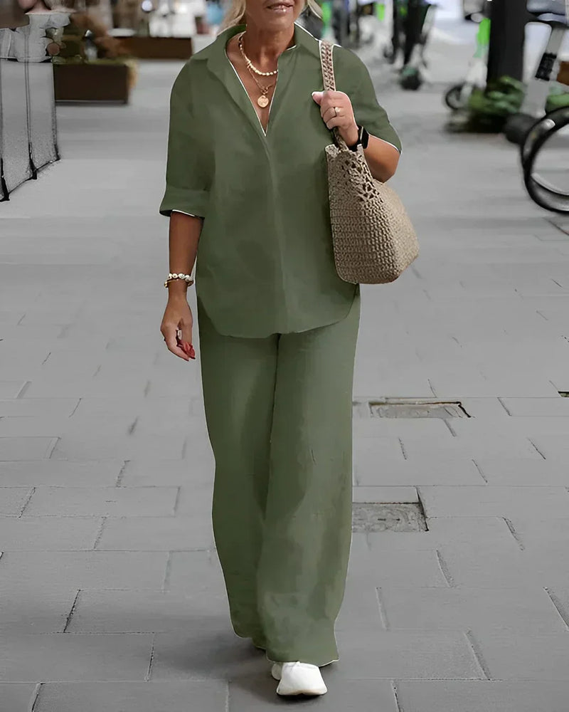 Vêtements féminins décontractés et élégants : ensemble chemise et pantalon en lin de luxe pour un look élégant et confortable